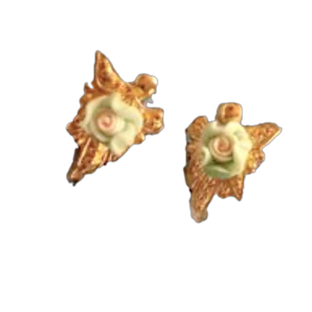 Vintage Capodimonte Style Blue Rose Gold Tone Stud Earrings